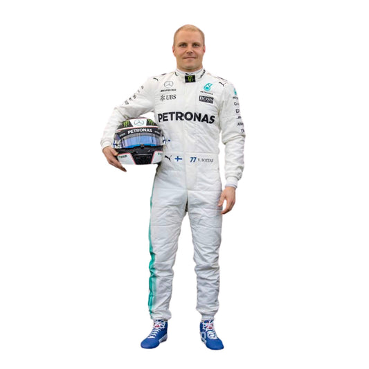 Full-body view of Valtteri Bottas’s 2018 F1 racing suit, designed for high performance, featuring sponsor logos and a modern fit for agility and comfort on race day.