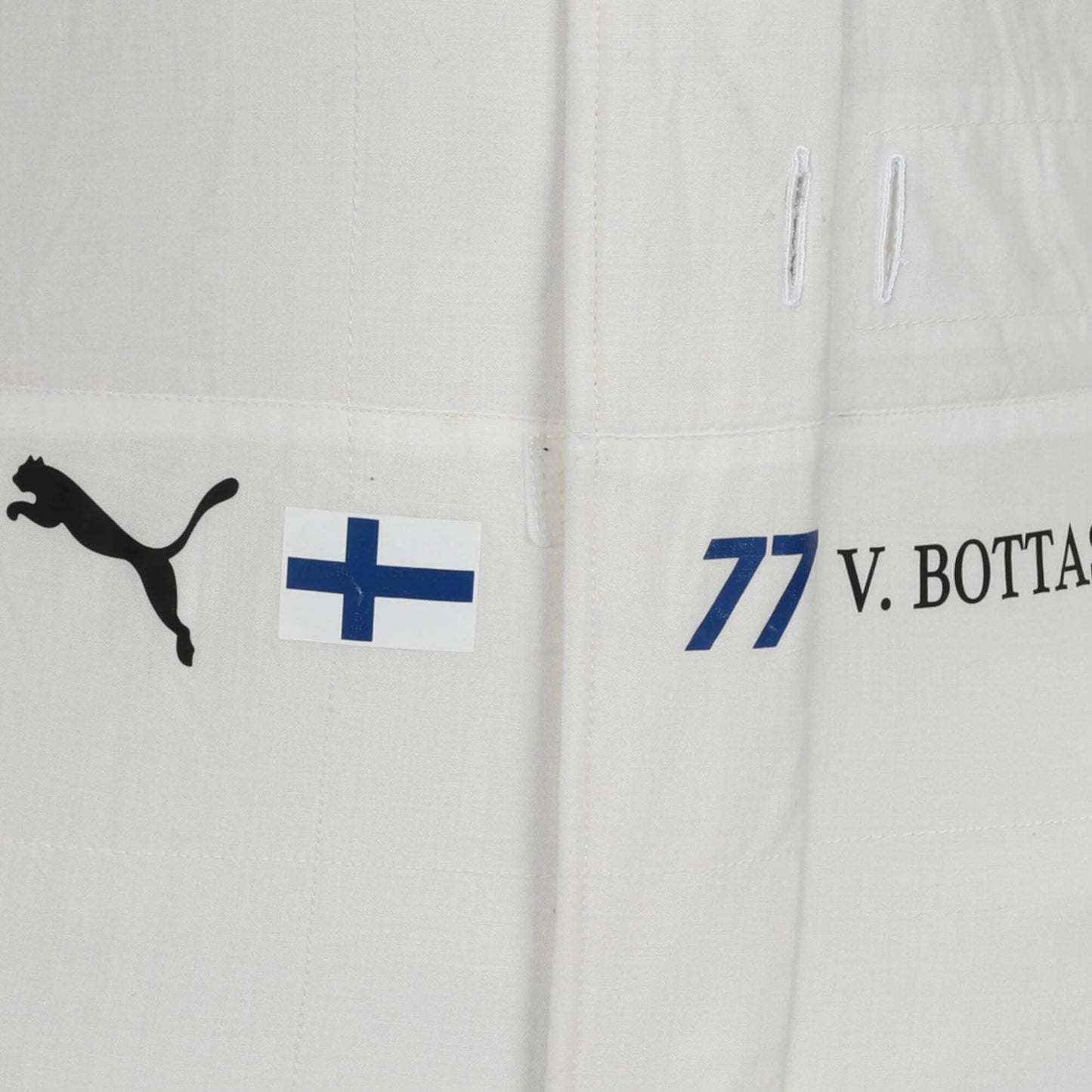 Belt view of Valtteri Bottas’s 2018 F1 racing suit, highlighting the adjustable fit, sponsor logo placement, and reinforced waist section for secure and comfortable wear during high-performance racing.
