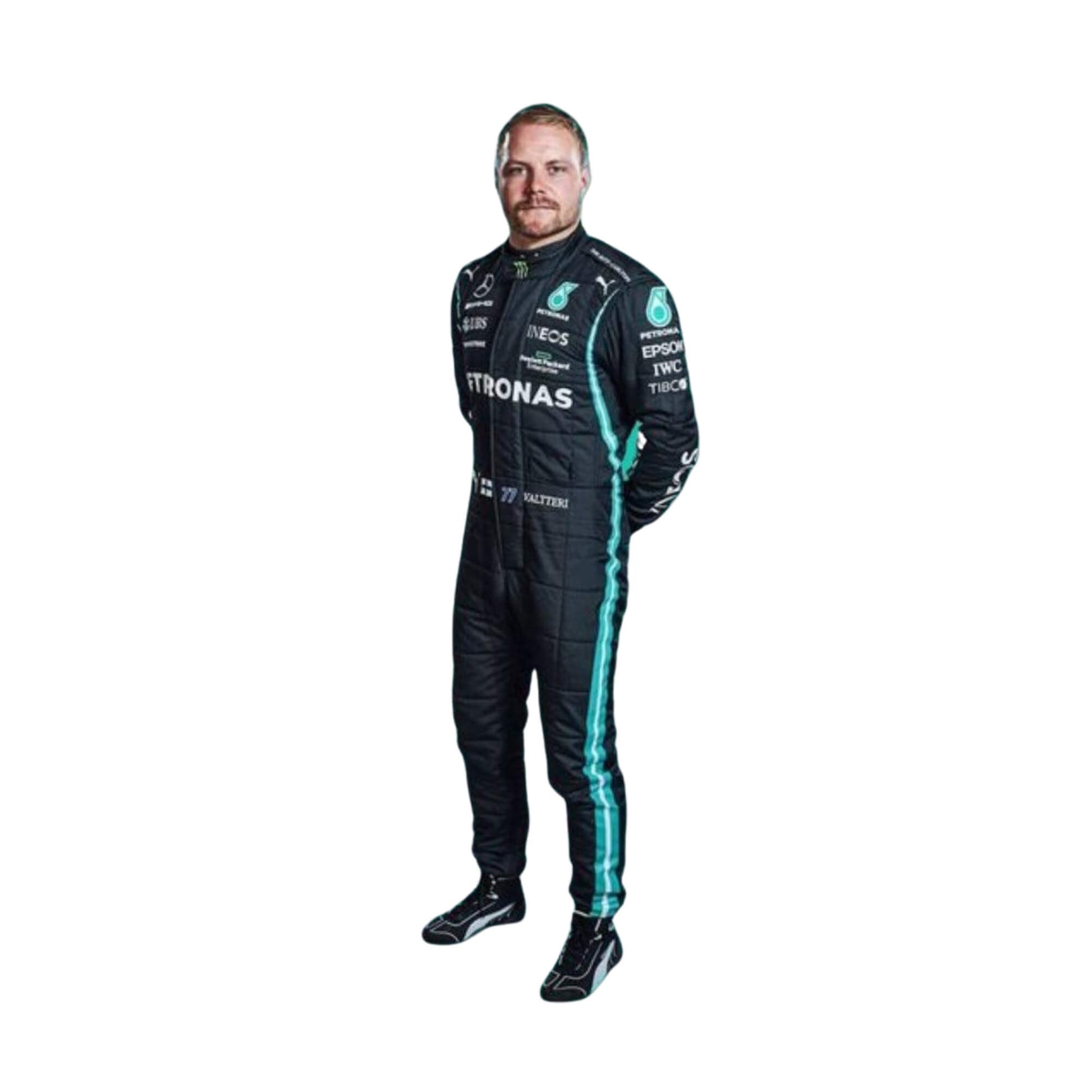 2021 F1 Racing Suit Valtteri Bottas Front View, Black and Silver Design, Full Zipper Closure