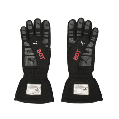 Pair of black Valtteri Bottas 2022 British GP F1 Racing gloves with red 'BOT' text and Puma logo on a white background