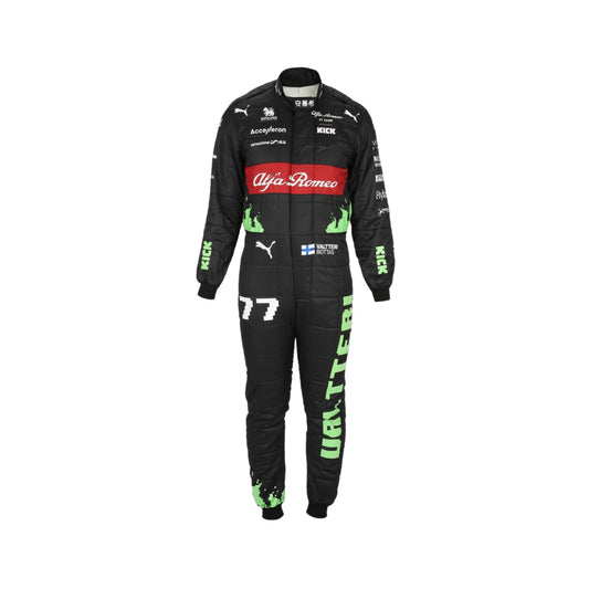 Valtteri Bottas' 2023 Belgian Grand Prix F1 racing suit front view featuring a black base with red and neon green accents on the shoulders and sides, complemented by sponsor logos, showcasing a sleek and modern design.