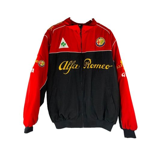 Front view of a vintage-style Alfa Romeo F1 racing jacket with bold Alfa Romeo branding. The jacket combines red and black fabric, with detailed embroidered patches, including the Alfa Romeo emblem, for an authentic motorsport feel. 