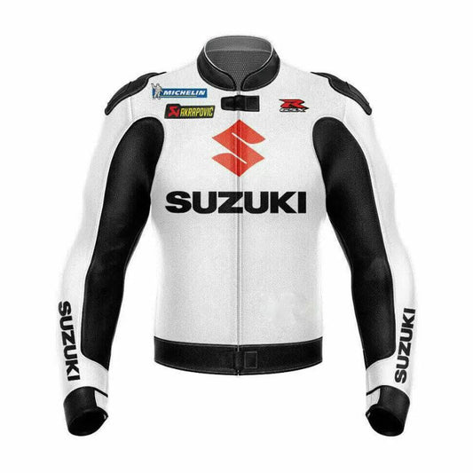 White Black Suzuki GSXR Motorbike Leather Jacket