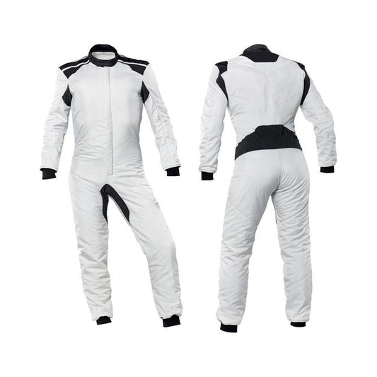 A white go-kart car driver racing wear costume with black accents and a full zip design, displayed in front and back views.
