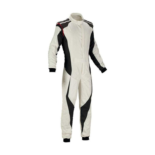 A white go-kart car racing wear with black and red accents, featuring a full zip, elasticated cuffs, and a fine collar with Velcro.
