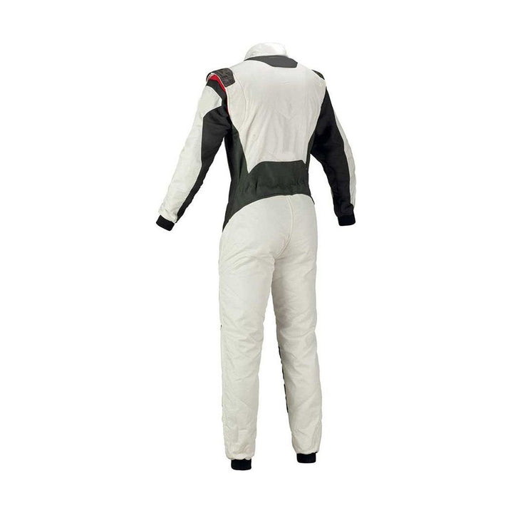 Back View of white go-kart car racing wear featuring lightweight breathable fabric, secure zip closure, stretch panels for comfort and adjustable belt 