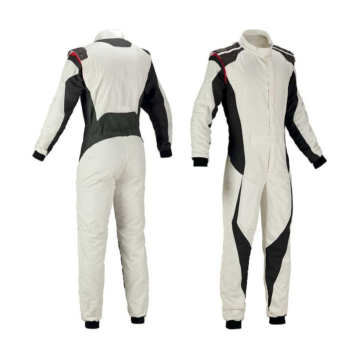 white go-kart car racing wear featuring lightweight breathable fabric, secure zip closure, stretch panels for comfort and adjustable belt