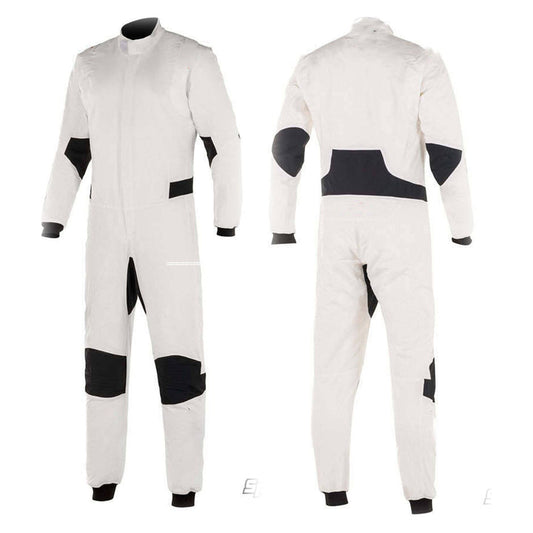 A white kart racing costume with black accents and a full zip feature, displayed front and back.