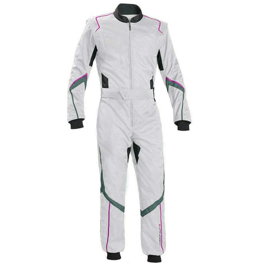 A white karting driver racewear with green and pink accents and a full zip.