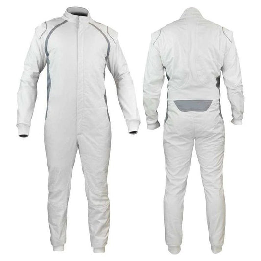 A white karting racing costume with a full zip, elasticated cuffs, and a fine collar with Velcro. The suit features a front zipper and a small flag, name, and number will be free of charge.