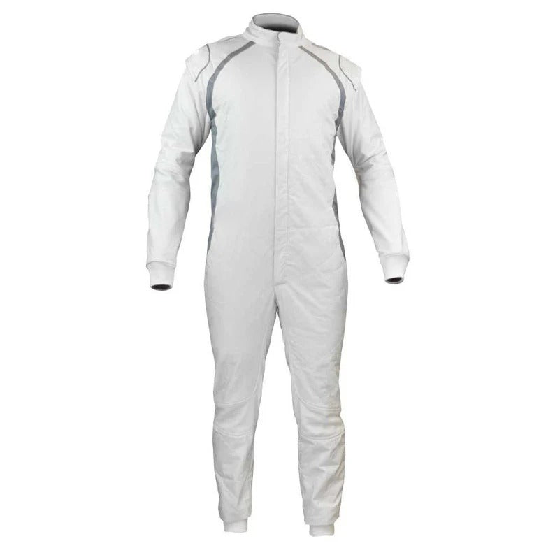 Front View of White Karting Racing Costume – Premium Lightweight Go Kart Driver Suit