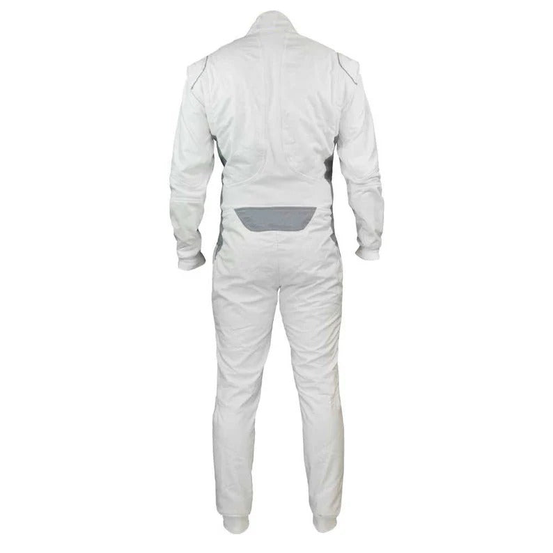 Back View of White Karting Racing Costume – Premium Lightweight Go Kart Driver Suit