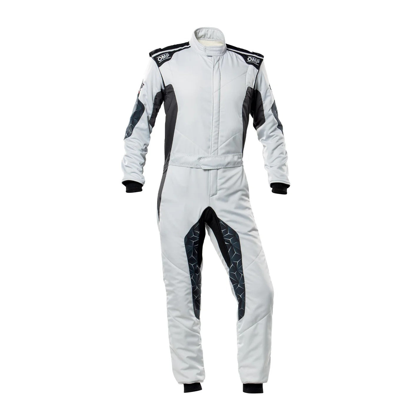 White racing suit with black accents on a white background.Front view of White OMP TECNICA HYBRID racing suit with clean white finish, ergonomic fit, and premium karting style.