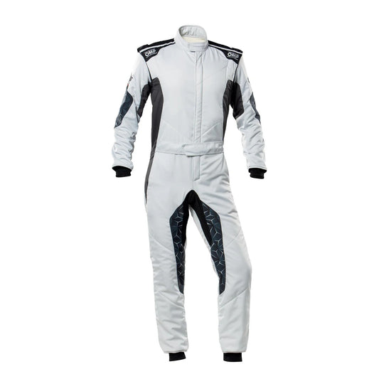 White racing suit with black accents on a white background.Front view of White OMP TECNICA HYBRID racing suit with clean white finish, ergonomic fit, and premium karting style.