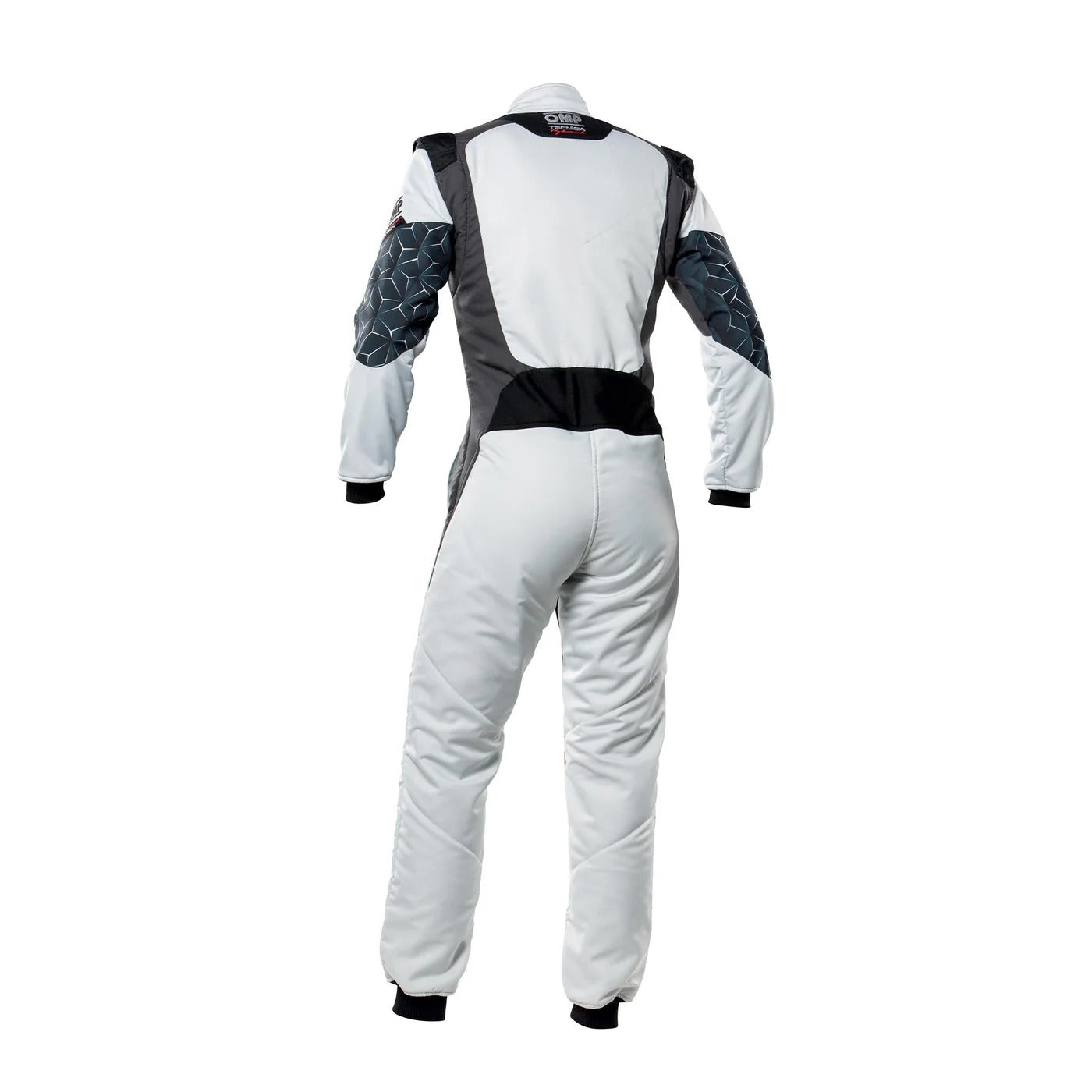 White racing suit with black and gray accents on a white background.Back view of White OMP TECNICA HYBRID racing suit showing reinforced seams, comfort padding, and modern design.