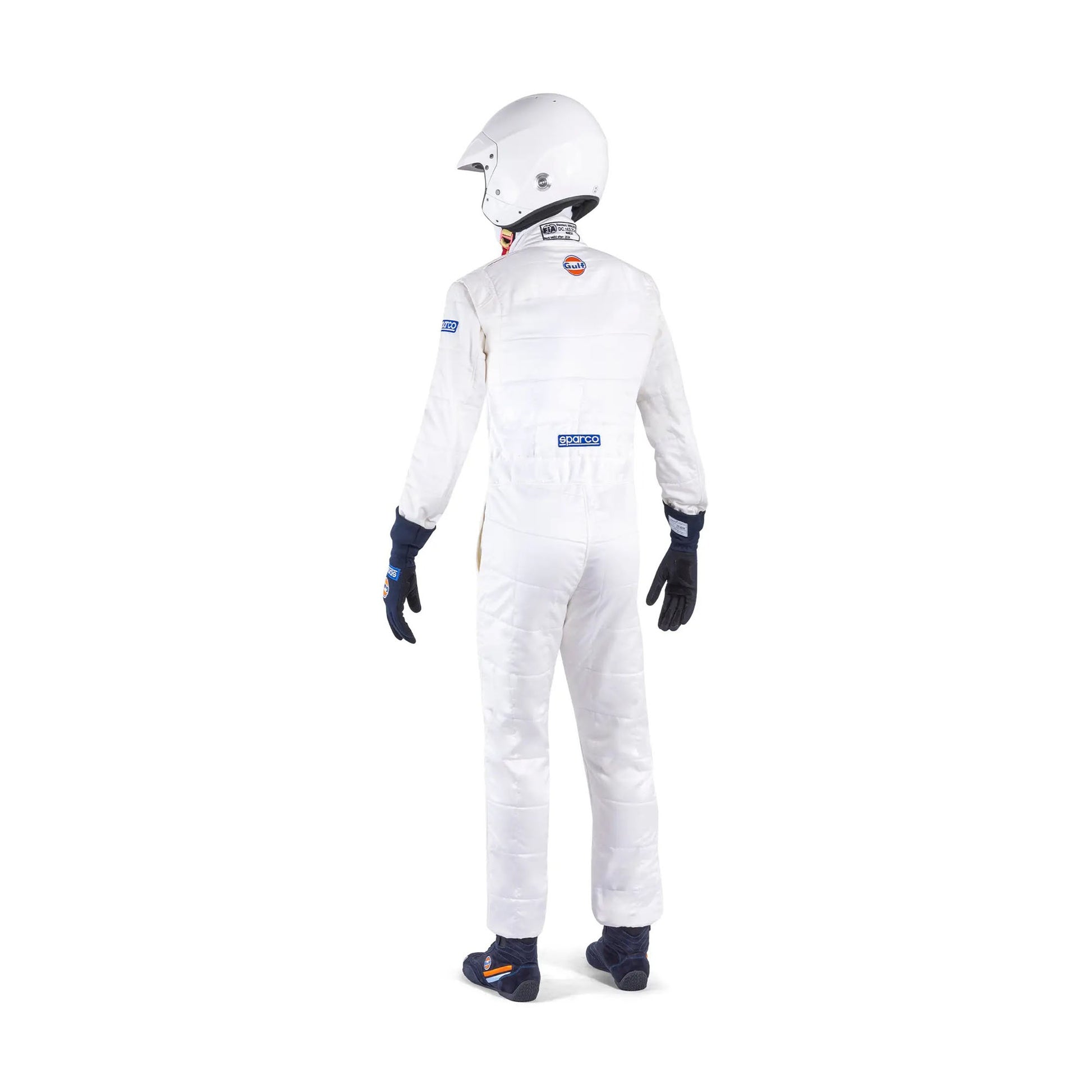 Back of white Sparco racing costume showing ergonomic panel design, reinforced seams, and smooth lightweight fabric.