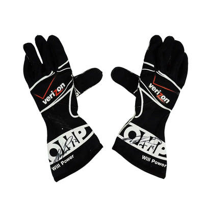 Black Will Power 2011 IndyCar Racing gloves with Verizon and Will Power branding on a white background