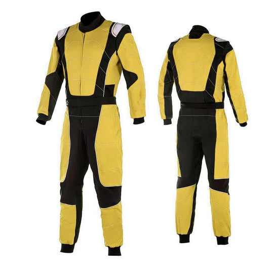 A vibrant yellow and black go-kart car race gear, featuring a full zipper, elasticated cuffs, and a fine and soft collar with Velcro. The suit is designed for performance and comfort, suitable for kart racing.