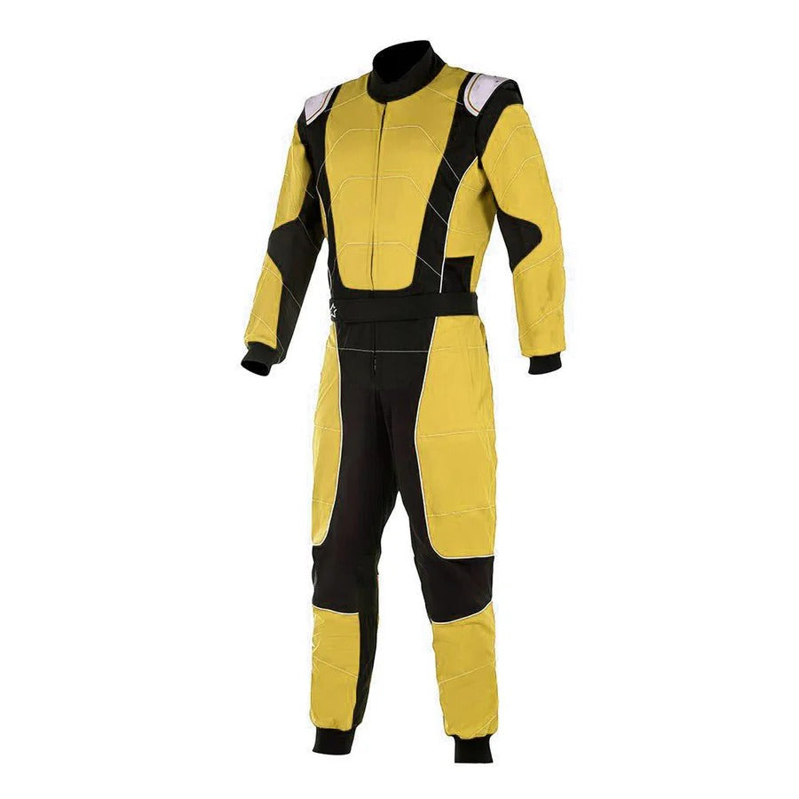 front view of yellow go-kart car race gear featuring lightweight breathable fabric, secure zip closure, stretch panels for comfort and matching gloves & belt – custom name option available.