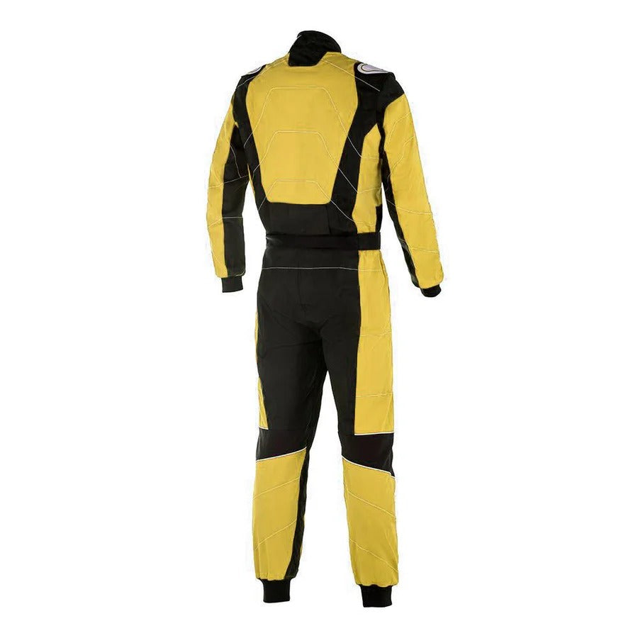 back of yellow go-kart car race gear featuring lightweight breathable fabric, secure zip closure, stretch panels for comfort and matching gloves & belt – custom name option available.