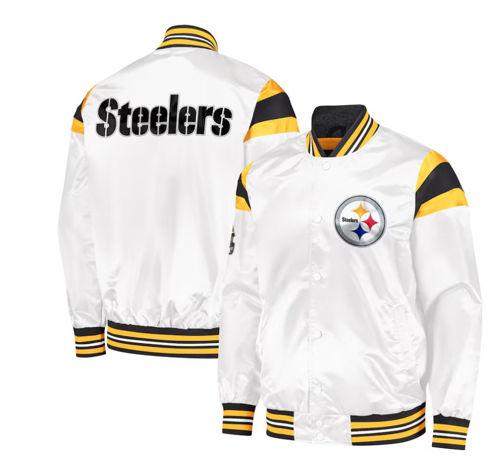 Men's Pittsburgh Steelers Starter White Satin Full-Snap Varsity Jacket