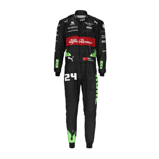 Zhou Guanyu's 2023 Belgian Grand Prix F1 racing suit front view featuring a black base with red and bright green accents on the shoulders and sides, complemented by sponsor logos, showcasing a sleek and modern design.