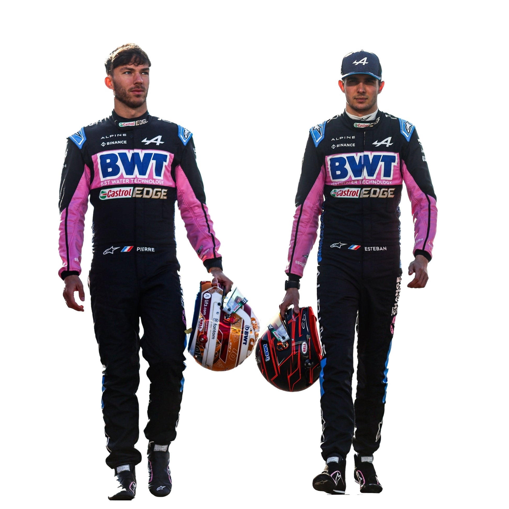 Pierre Gasly and Esteban Ocon posing together in William F1 Racing Suits.