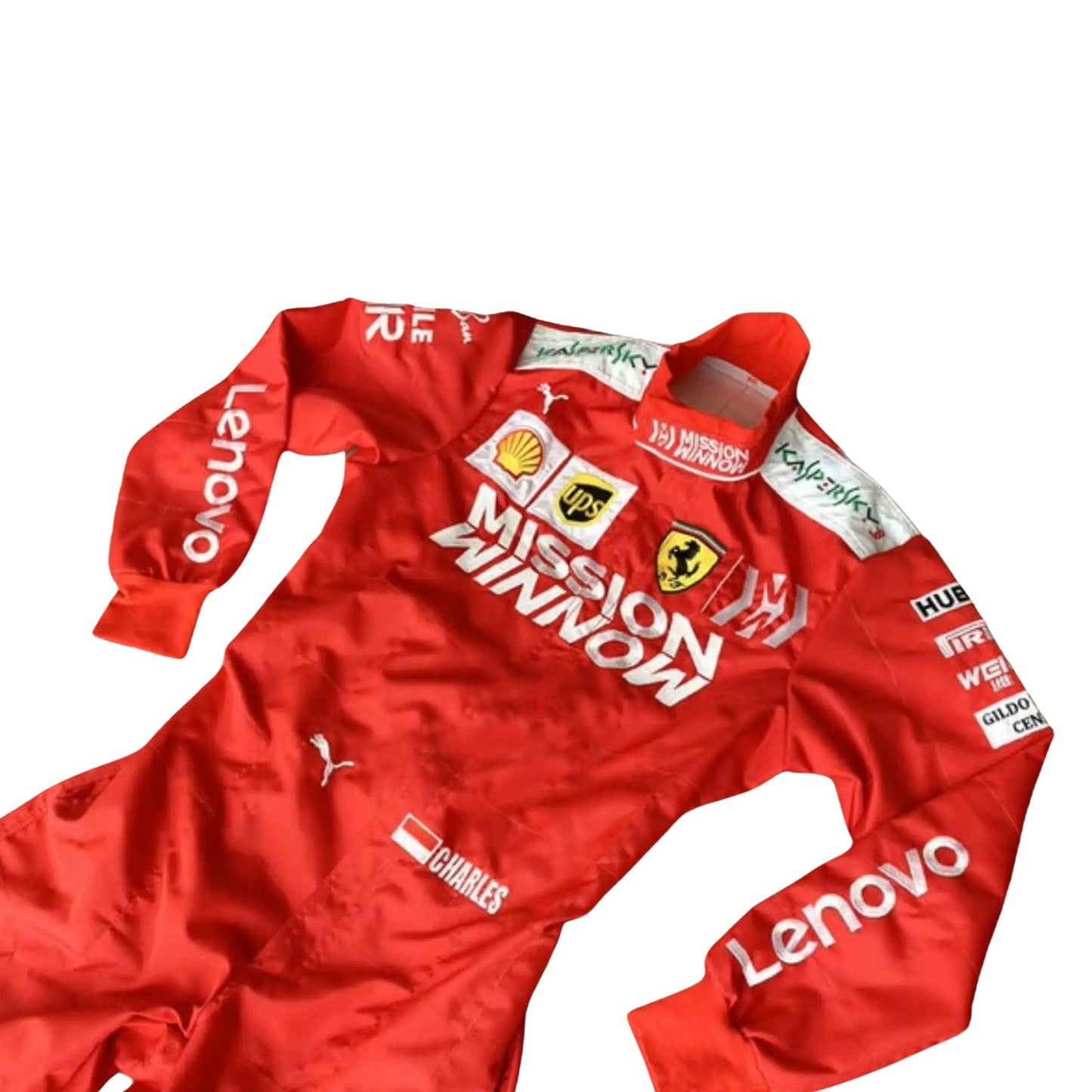 Close-up of the upper front of the Charles Leclerc 2019 race suit, showcasing embroidered Ferrari and sponsor logos.