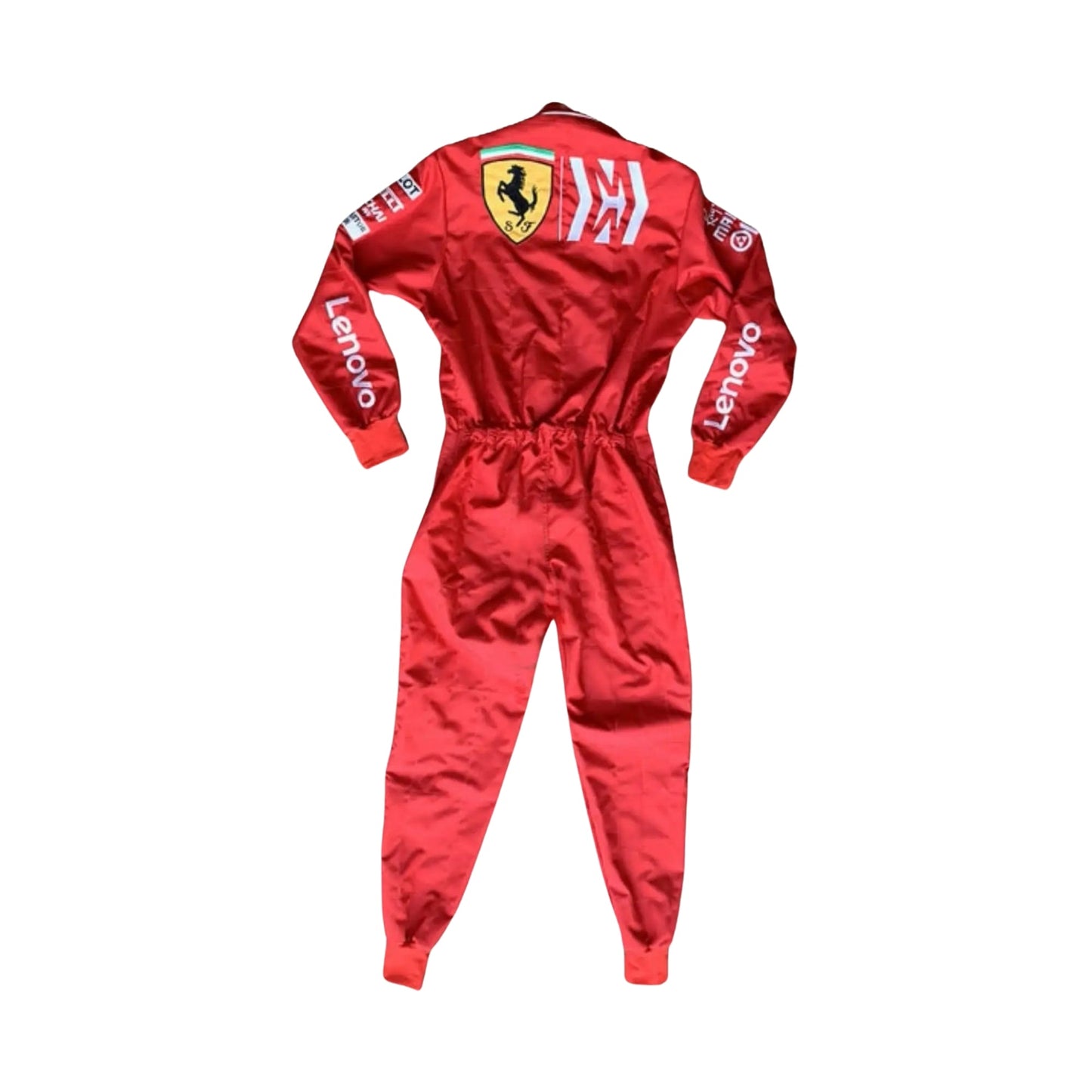 Back view of the 2019 Ferrari Mission Winnow race suit with sponsor logos and Ferrari branding for Charles Leclerc.