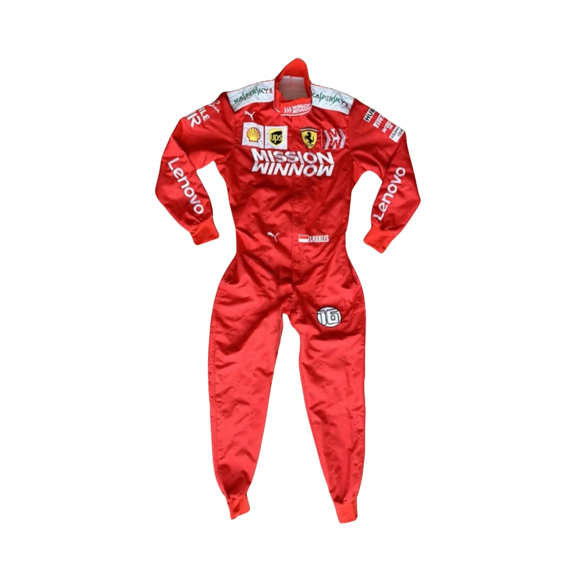 Front view of the Charles Leclerc 2019 Ferrari Mission Winnow race suit with detailed logo embroidery.