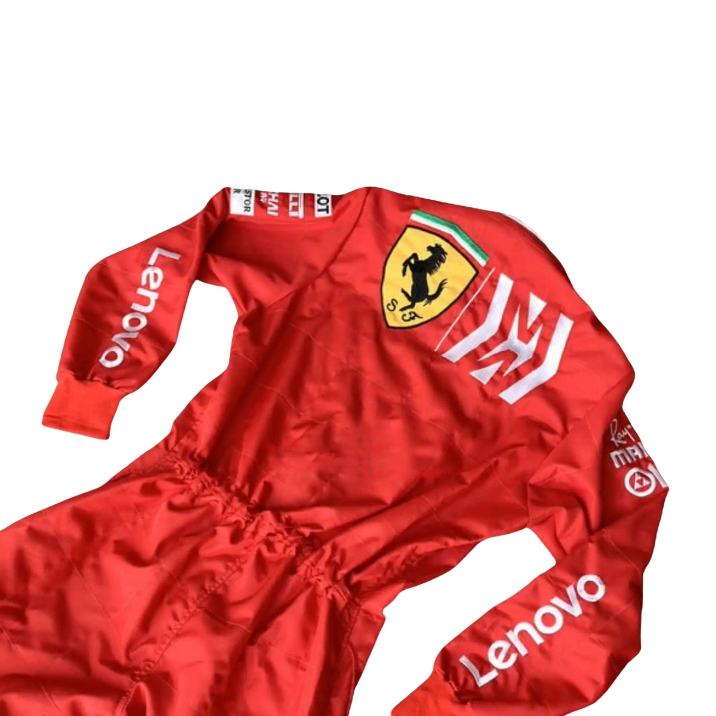 Close-up of the upper back of the 2019 Ferrari race suit, displaying detailed embroidered Mission Winnow and sponsor branding.