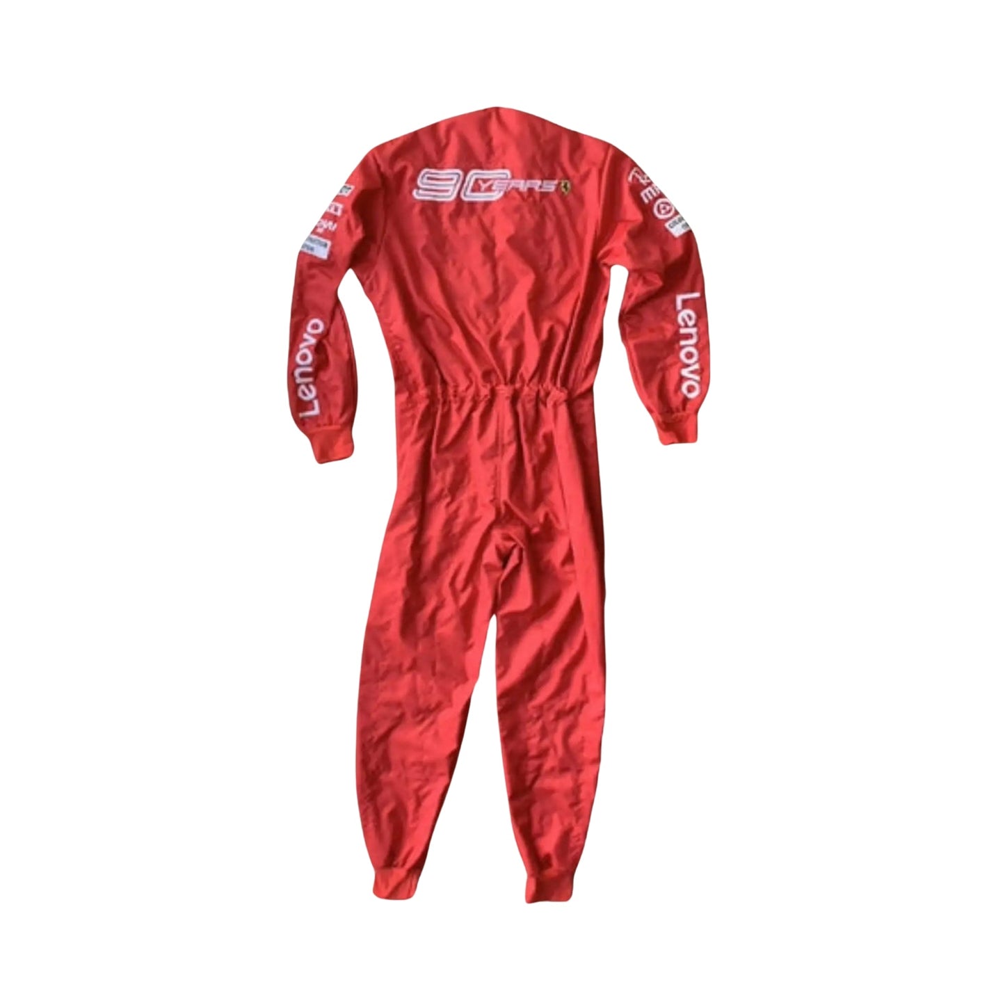 Back view of the 2019 Ferrari 90 Years race suit with 2-layer fabric, showcasing embroidered Scuderia Ferrari and sponsor logos.