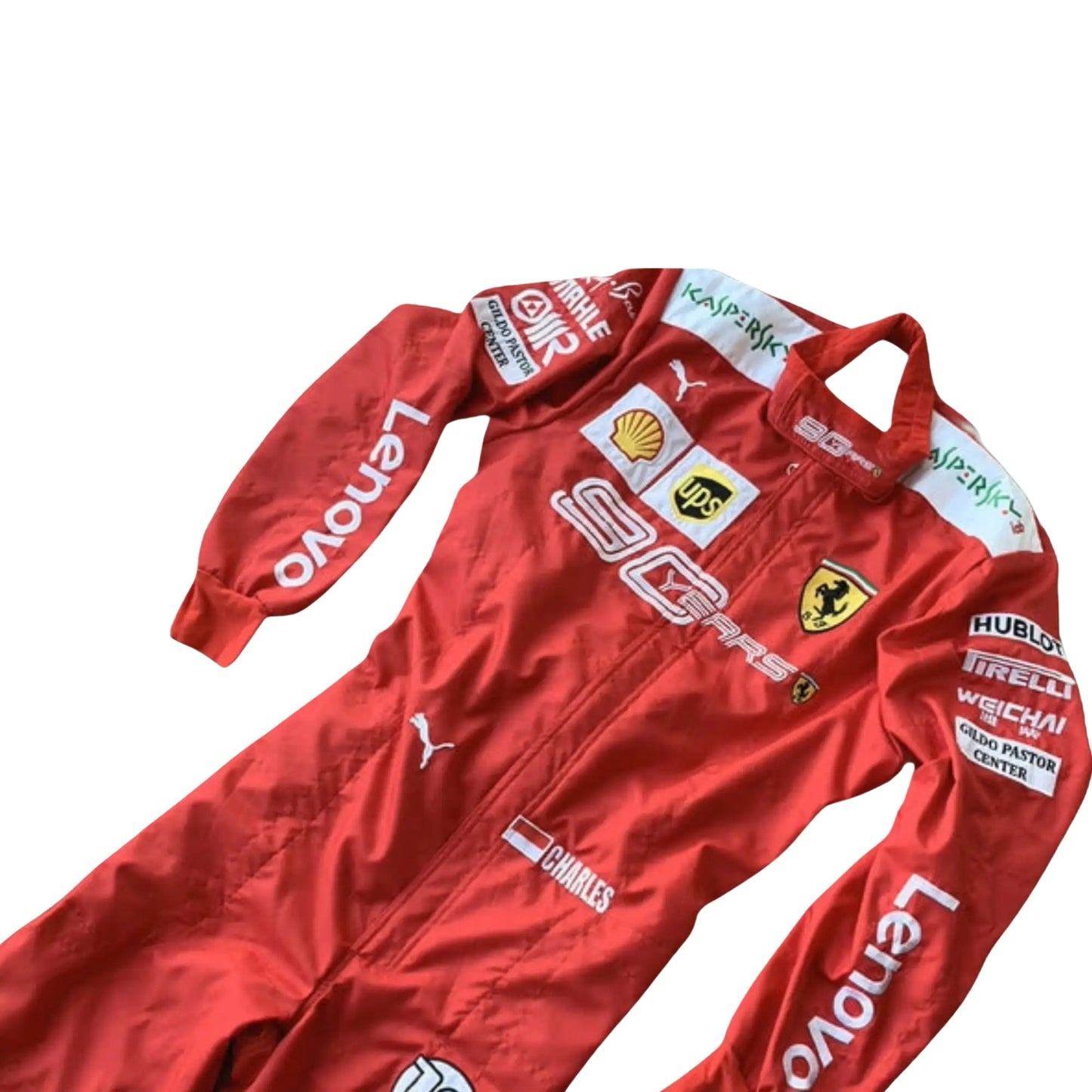 Close-up of the upper front of the Charles Leclerc 2019 Ferrari race suit, highlighting 2-layer fabric and embroidered Ferrari branding