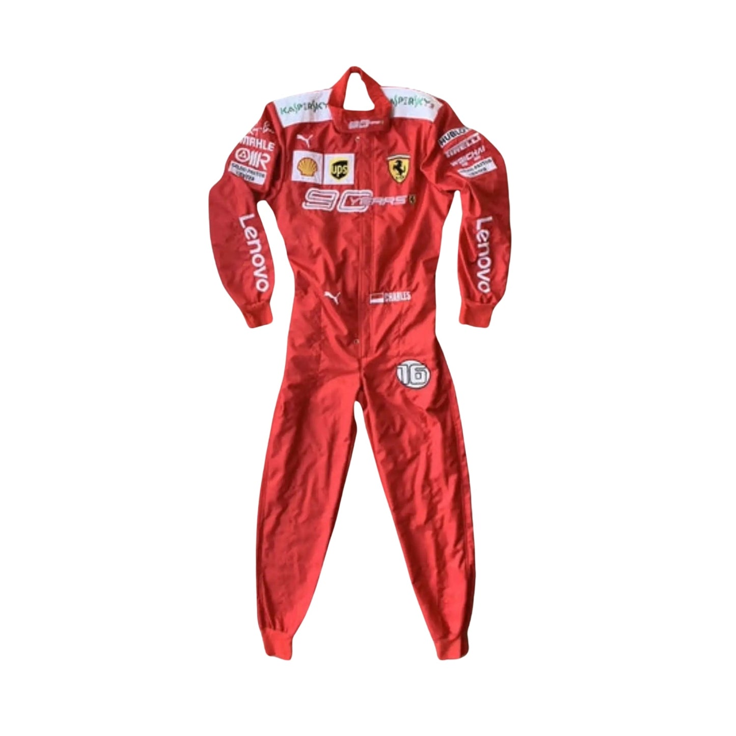 Front view of the Charles Leclerc 2019 Scuderia Ferrari 90 Years race suit with 2-layer fabric and embroidered team logos.