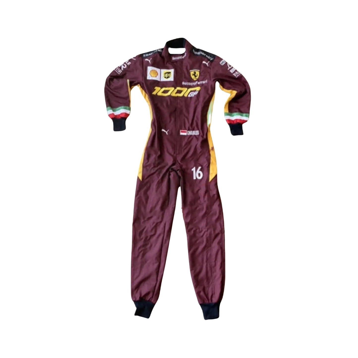 Front view of Charles Leclerc's 2020 Ferrari 1000 GP race suit with 2-layer fabric and embroidered Ferrari logos.