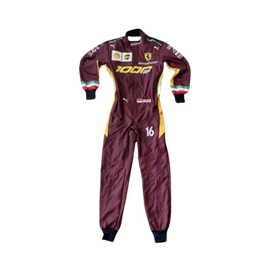 Front view of Charles Leclerc's 2020 Ferrari 1000 GP race suit with 2-layer fabric and embroidered Ferrari logos.