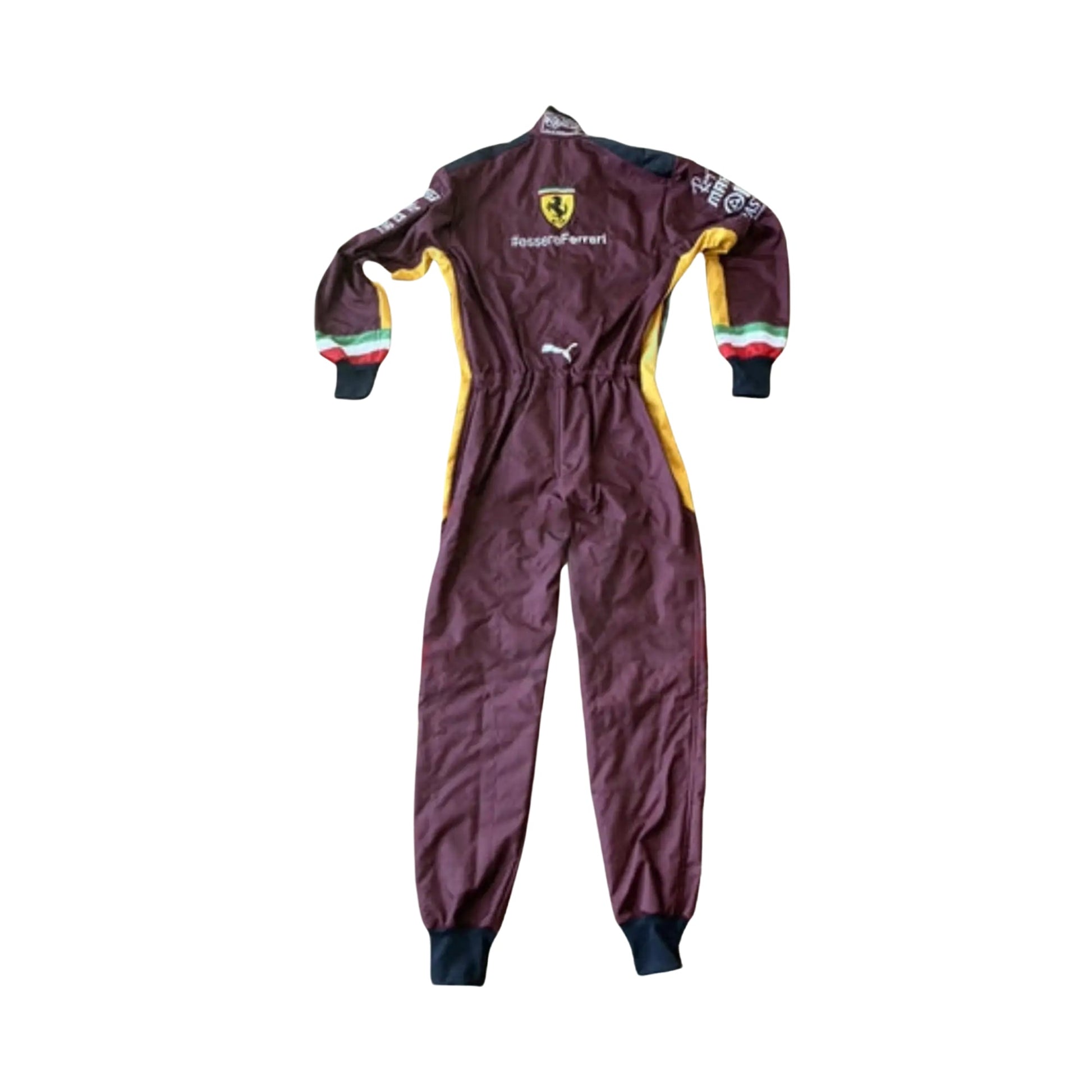 Back view of the 2020 Ferrari 1000 GP race suit with 2-layer fabric, featuring detailed Scuderia Ferrari and sponsor embroidery.