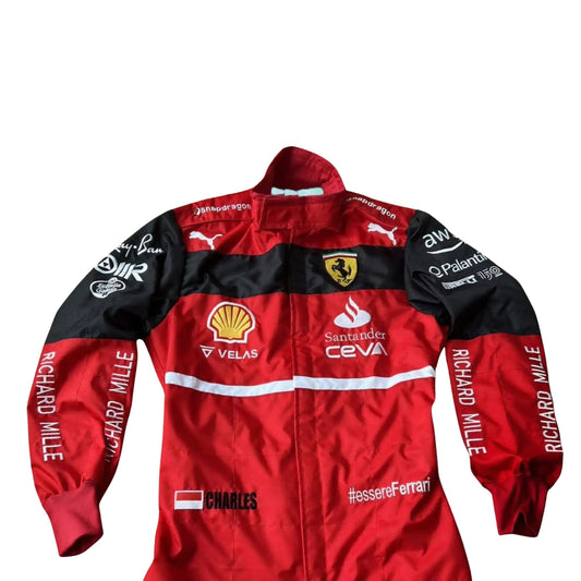 Close-up of the upper front of Leclerc's 2022 Ferrari race suit, highlighting embroidered team branding on 2-layer fabric