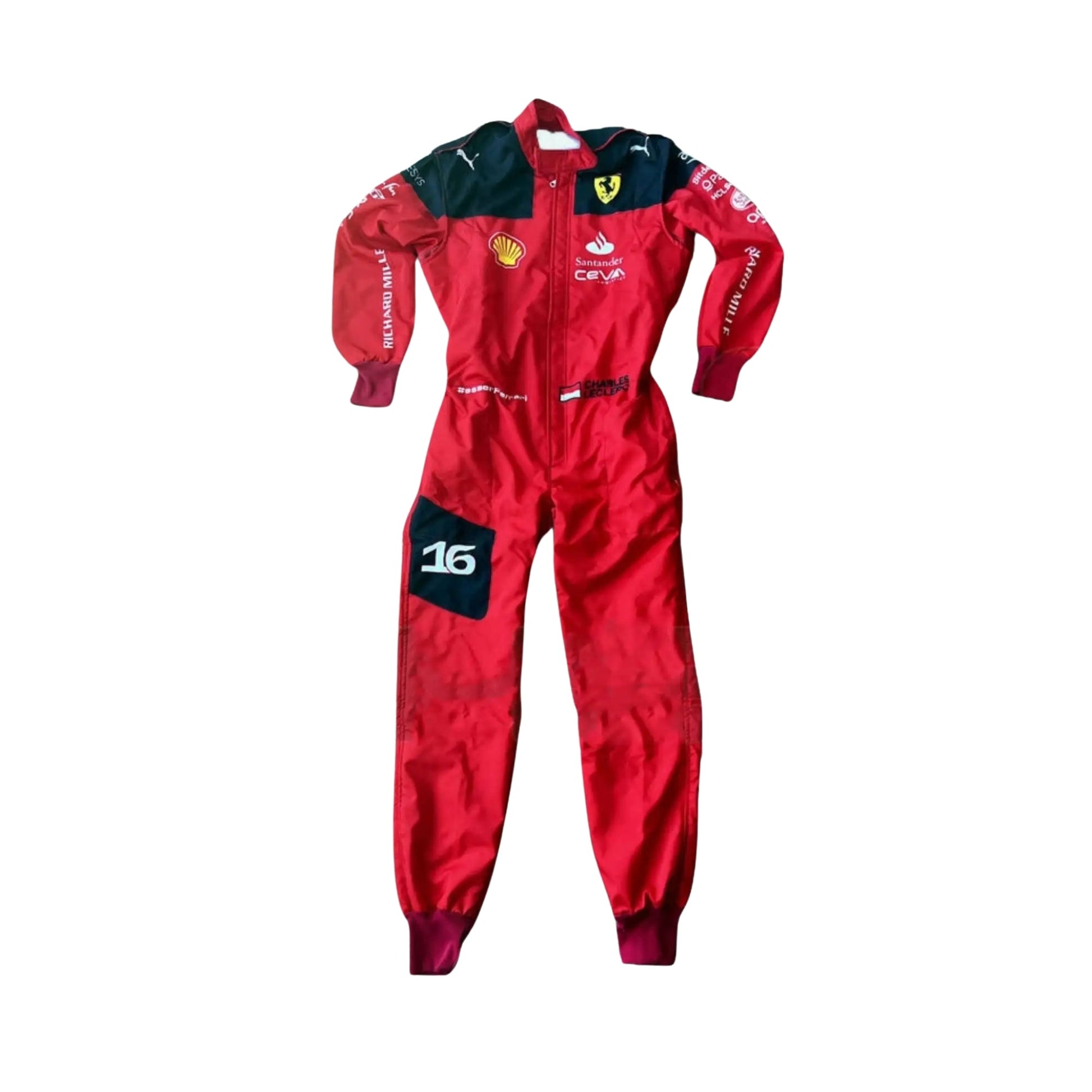 Front view of Charles Leclerc's 2023 Ferrari F1 race suit, featuring 2-layer fabric and detailed team logo embroidery.