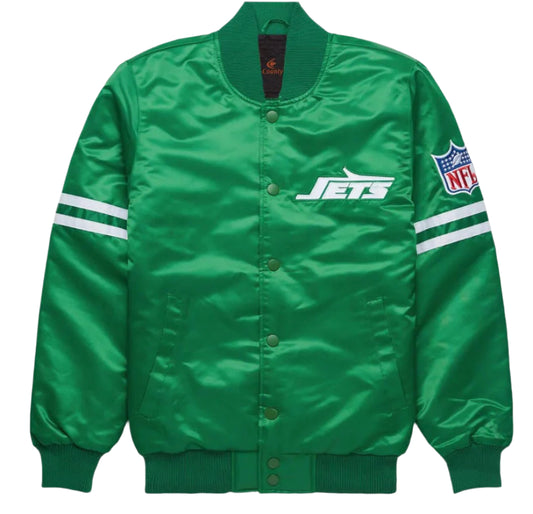 NY Jets Green  satin  Bomber Style Letterman Full snap Embroidered Varsity Jacket