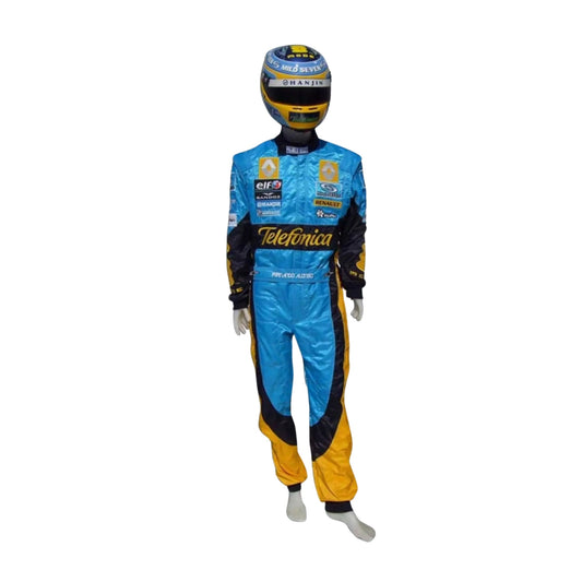 Front view of Fernando Alonso's 2006 Renault F1 race suit, showcasing vibrant blue and yellow embroidery with a durable two-layer fabric design