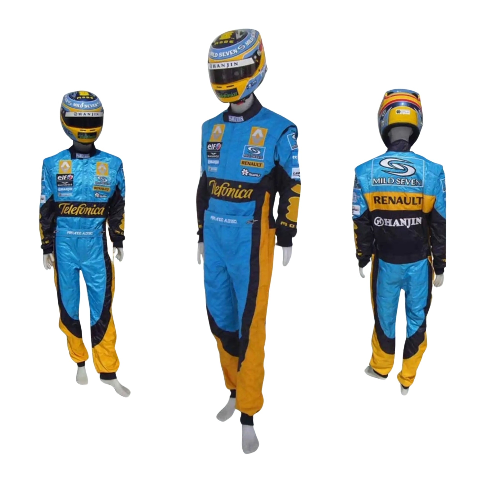 Front and back view of Fernando Alonso's 2006 F1 race suit, highlighting the detailed embroidery and the breathable two-layer fabric structure for performance.