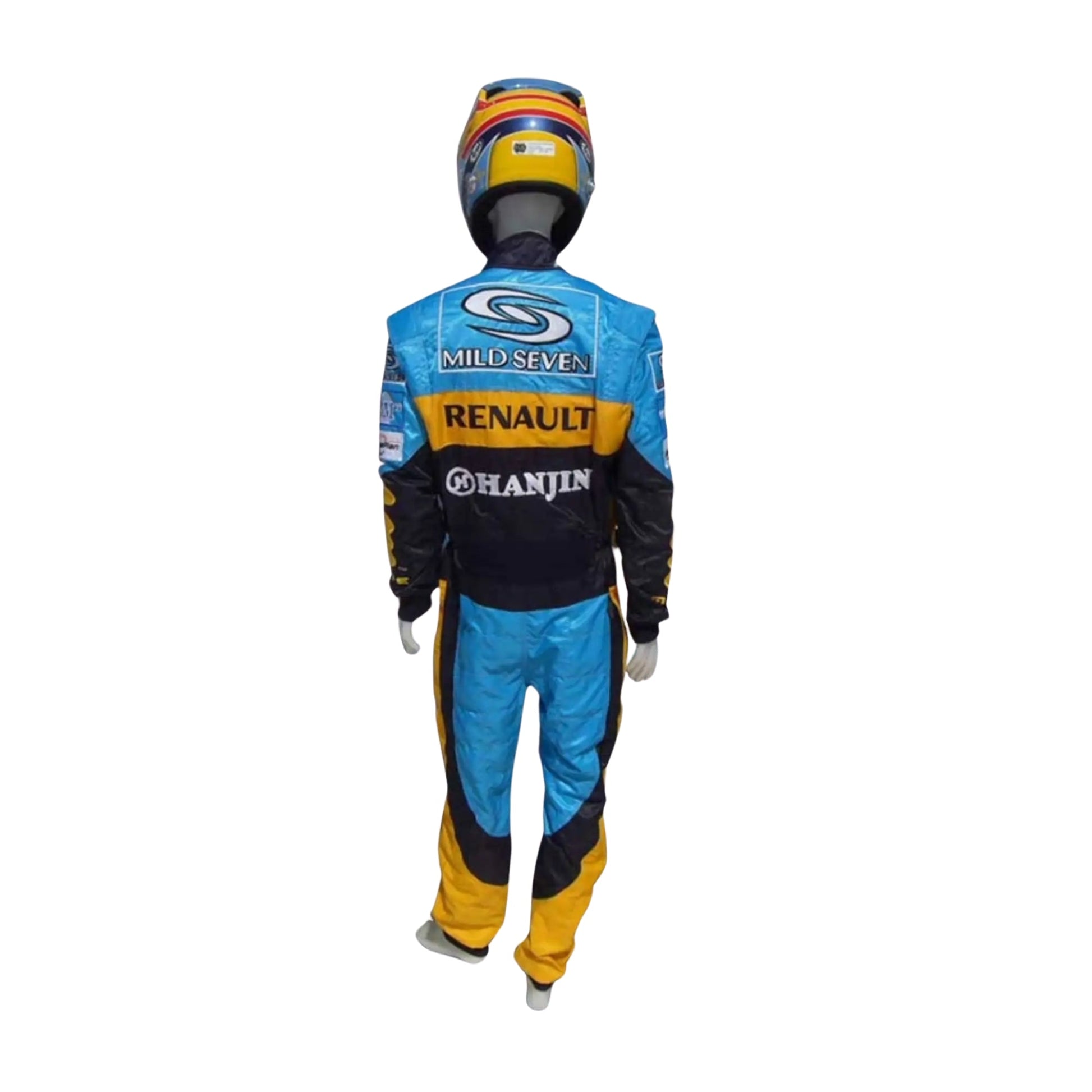 Back view of the Fernando Alonso 2006 Renault F1 race suit, featuring intricate embroidery and a sturdy two-layer fabric for added comfort.