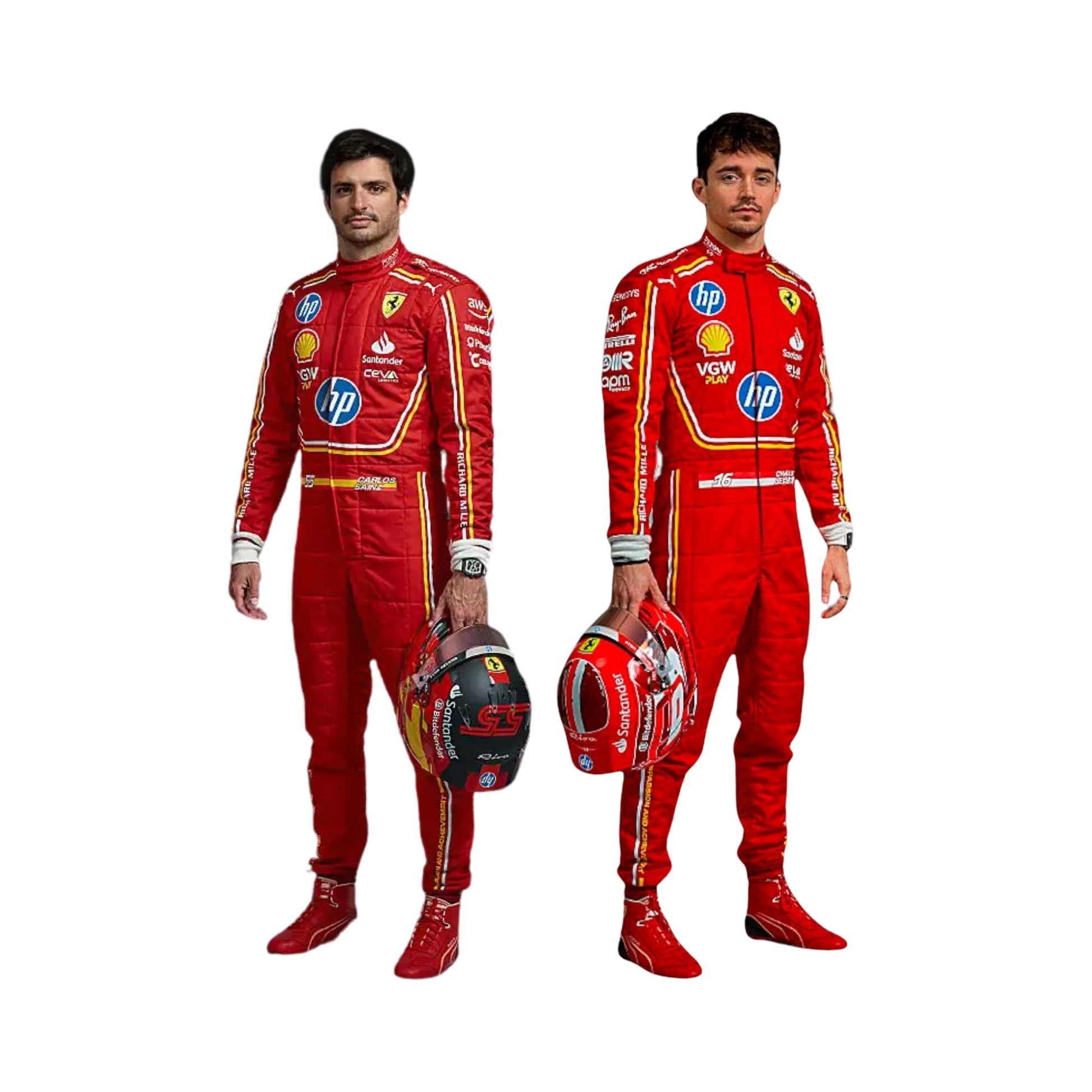 2024 Monaco GP Scuderia Ferrari F1 Racing Suit Front View, Red Design with Ferrari and Sponsor Logos, Worn by Charles Leclerc & Carlos Sainz Jr.