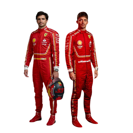 2024 Scuderia Ferrari F1 Racing Suit Front View, Red Design with Ferrari and Sponsor Logos, Worn by Carlos Sainz & Charles Leclerc