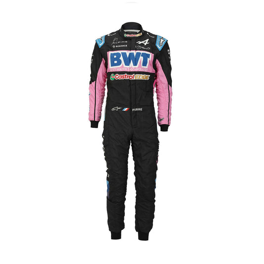 Pierre Gasly’s 2023 F1 racing suit for the Mexico GP, featuring a striking design with a mix of dark blue and vibrant sponsor logos. The suit is built for speed and comfort, showcasing Gasly’s racing excellence.