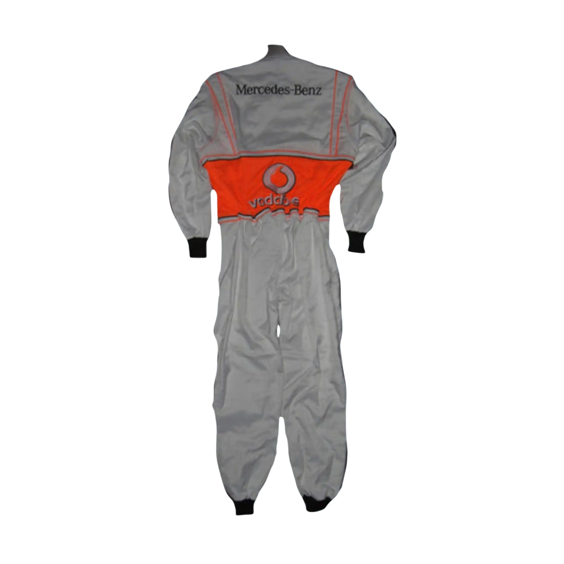 full Back view of Jenson Button's 2013 race suit, featuring intricate embroidery of the McLaren logo and sponsors, designed with a durable, breathable fabric.