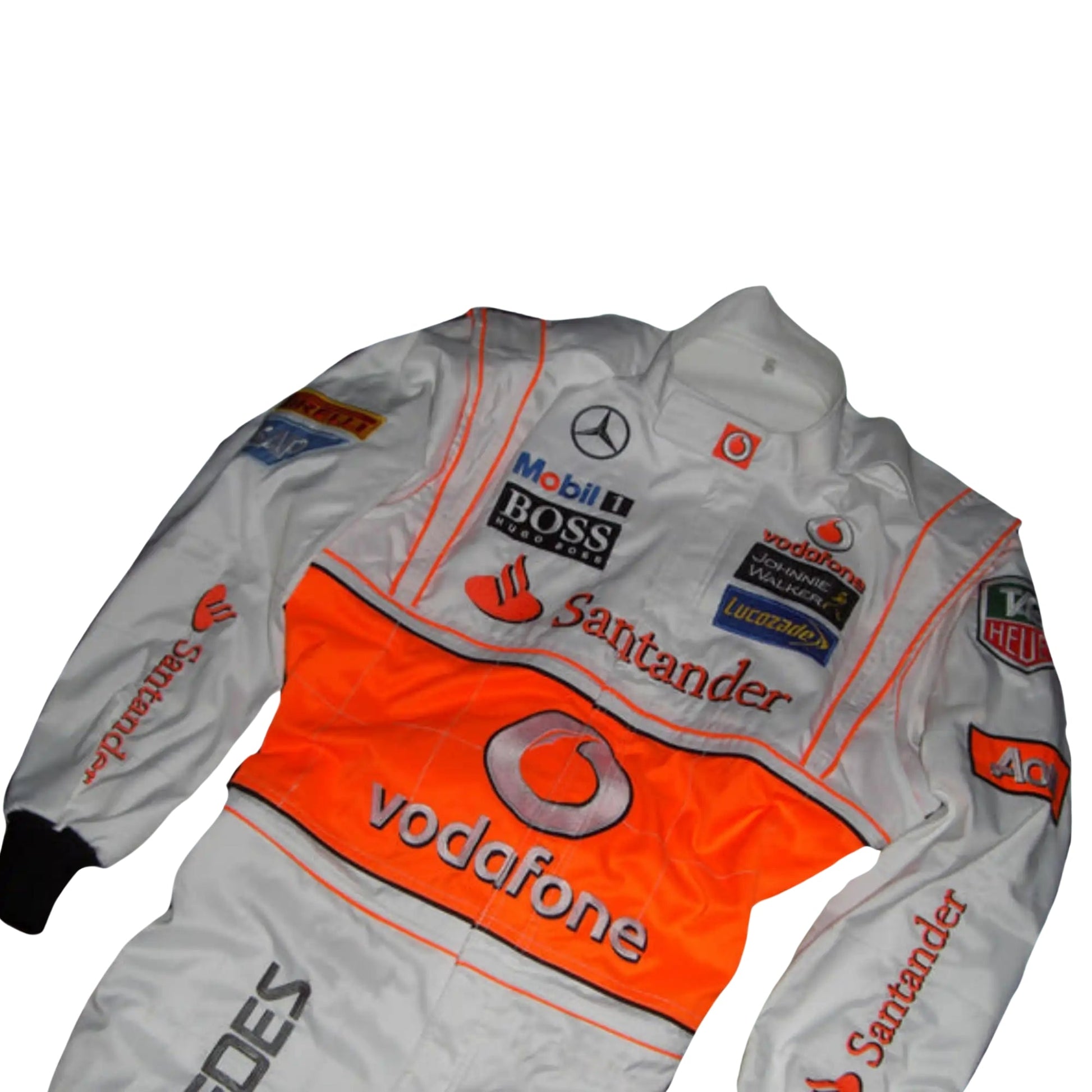 Close-up Front view of the embroidery on Jenson Button's 2013 race suit, showcasing the meticulous stitching and quality fabric used for maximum durability and style