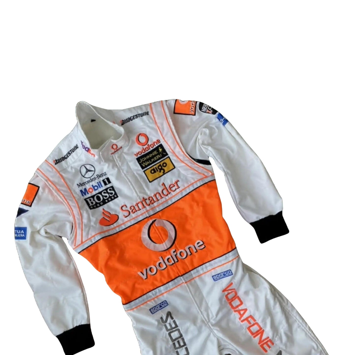 font close view of Lewis Hamilton's 2008 Vodafone race suit, highlighting the embroidered logos on lightweight, high-performance fabric.