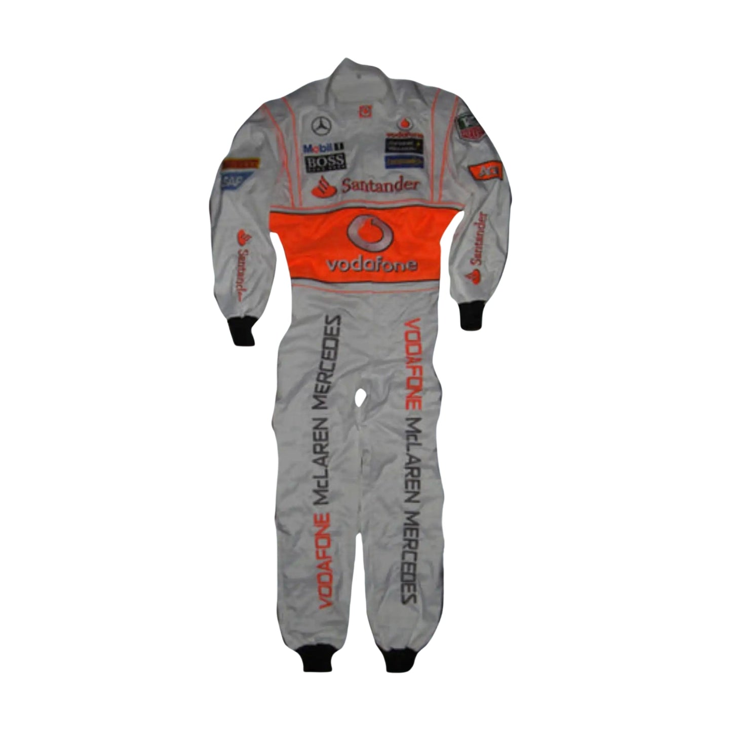 Front view of Jenson Button's 2013 McLaren race suit, displaying the sleek black and red design with embroidered sponsor logos on a high-quality fabric.